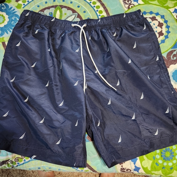 Nautica Navy Blue Swim Shorts with Sailboat Print - Picture 4 of 9